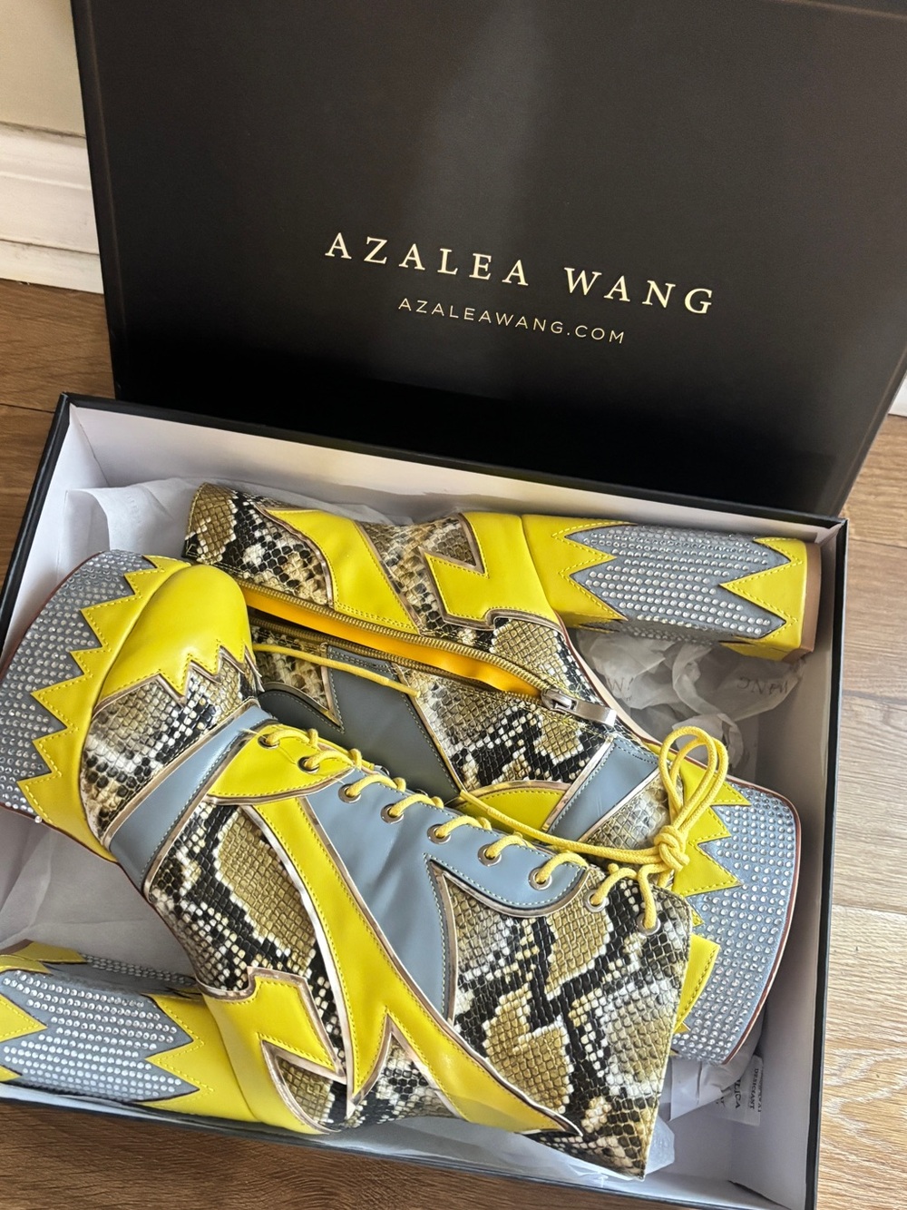 Azalea Wang Yellow Snake-Print Lace-Up Women’s Boots